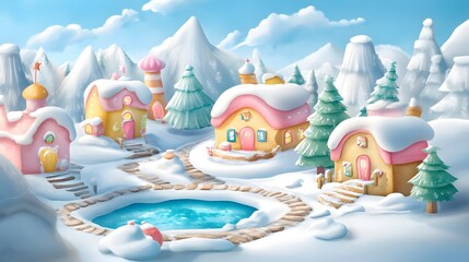 Magical Winter Village  Snowy Houses  Frozen Pond  Mountains