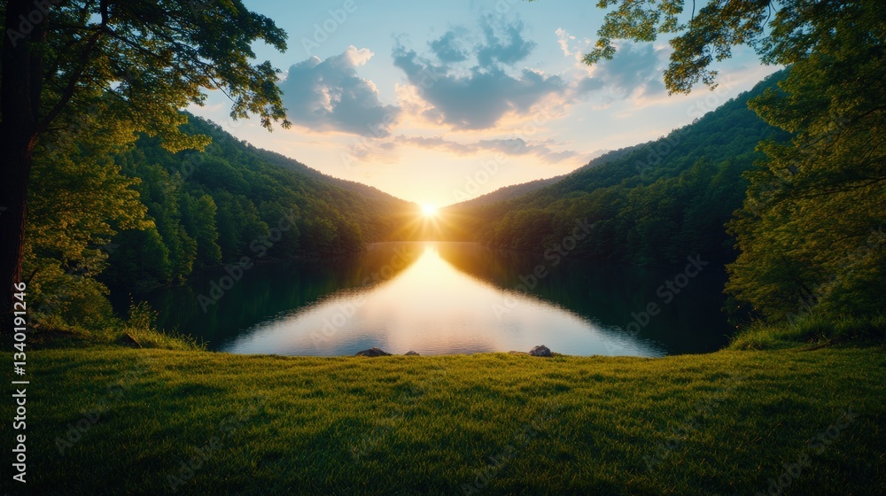 Poster mesmerizing sunset over a lake with colorful reflections and a peaceful vibe creating a serene eveni