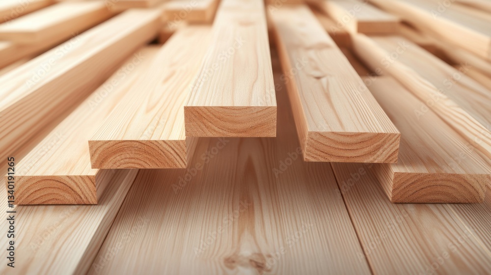 Poster close-up view of freshly cut wooden planks on a table showing natural texture and grain patterns