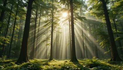 Obraz premium Sunlight Beams Through Tall Trees in Lush Green Forest Scene
