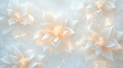 Illuminated White Paper Flowers On Soft Light Backgrounds and Textures Refined Decorations. Elegant Festive Flowers.  Winter Christmas Theme. Delicate Flowers. Subtle Sparkles. Soft Focus. Bright