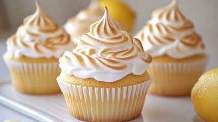 Lemon cupcakes with toasted meringue frosting on white surface, close up. Use for bakery, dessert recipes, or cooking blog posts and social media.