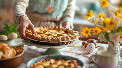 A woman placing a homemade Easter pie on the dining table, ready for the family meal