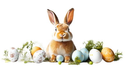 A rabbit is laying on a table with a bunch of eggs