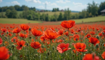 Obraz premium Vivid Red Poppies Blooming in a Sunny Field Landscape