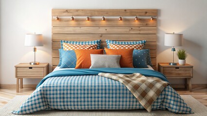 Cozy Bedroom Fashion Photography: Blue Gradient Pillows, Striped Blanket, Wooden Headboard