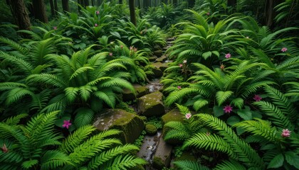 Lush Green Forest Path Surrounded by Ferns and Flowers in Nature