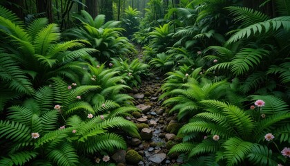 Lush Green Ferns and Delicate Flowers in a Serene Forest Pathway