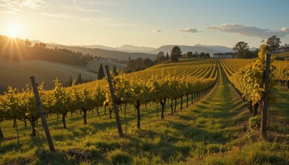 Fototapeta premium Golden Grapevine Landscape at Sunset with Rolling Hills and Trees