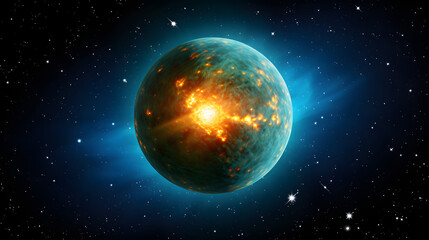 Obraz premium Enormous star shining brightly in the night sky over a colorful exoplanet scene captured from a telescopic perspective.