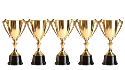 Five golden cups with a black base