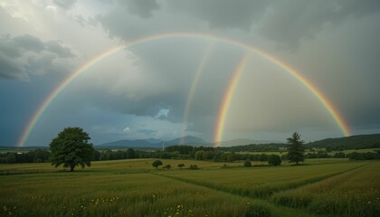 Naklejka premium Vibrant Double Rainbow Over Green Fields and Distant Mountains