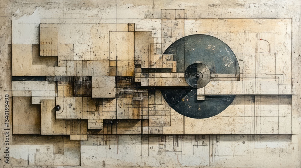 Poster abstract geometric composition features circles squares and connecting lines