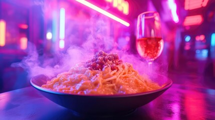 Pasta Dish with Creamy Sauce and Wine in Restaurant with Neon Lights and Vivid Colors under Dramatic Lighting at Nighttime Dinner Celebration featuring Delicious Food Styling and Culinary Art. Food
