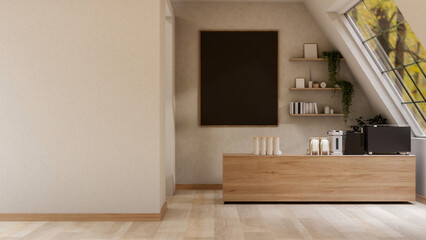 The wooden counter bar with coffee machine and coffee bean bag with a large black frame hang on wall