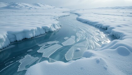 Fototapeta premium Tranquil Stream Flowing Through Icy Winter Landscape Under Soft Light