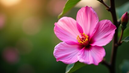 Fototapeta premium Beautiful pink blossom with yellow pistil in natural setting, beauty, flora, botany