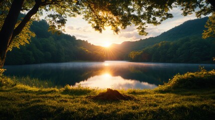 Fototapeta premium Peaceful lake with majestic tree in the foreground surrounded by lush greenery and calm water reflections