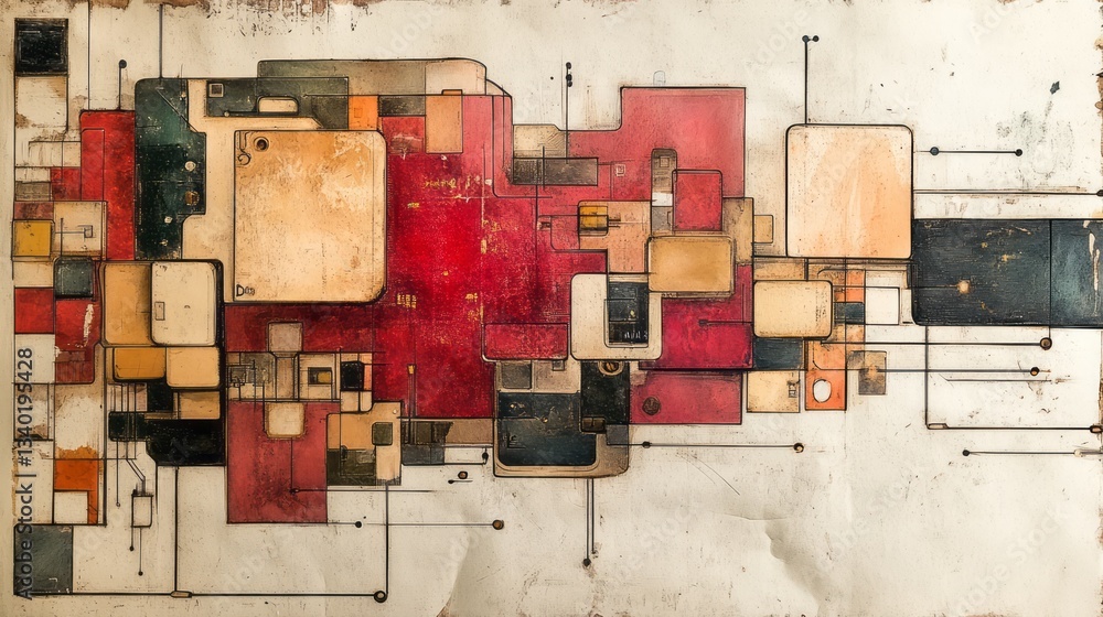 Poster abstract composition with geometric shapes connected by lines and dots