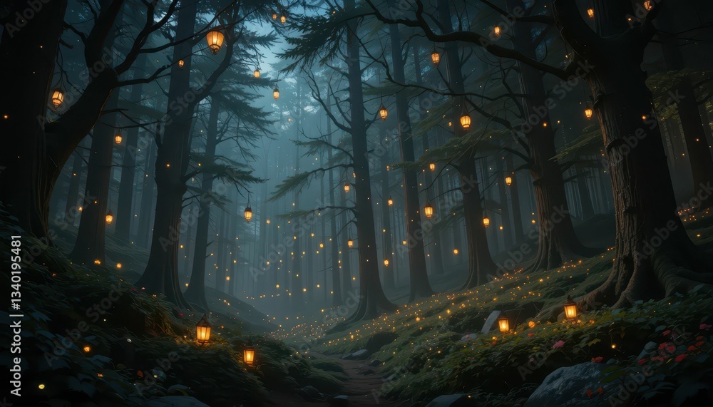 Poster mysterious forest path illuminated by glowing lanterns at dusk