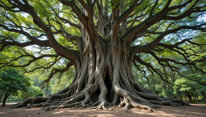 Majestic Tree with Expansive Branches and Intricate Roots in Park