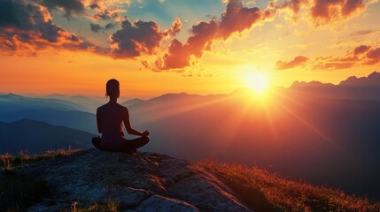 Obraz premium A person meditates on a mountain top during a beautiful sunset