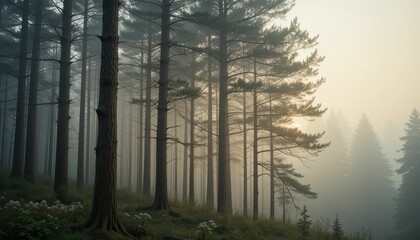 Misty Forest Landscape at Sunrise with Tall Pine Trees and Fog