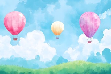 Naklejka premium Watercolor Hot Air Balloons Floating Over Green Hills
