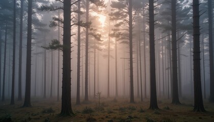 Serene Misty Forest Landscape with Tall Pine Trees at Sunrise