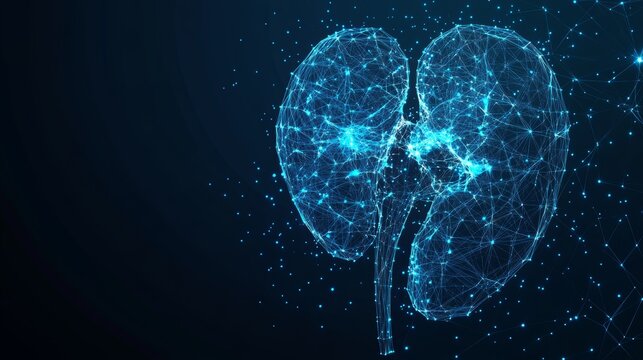 Abstract kidney in low poly on dark blue technology background