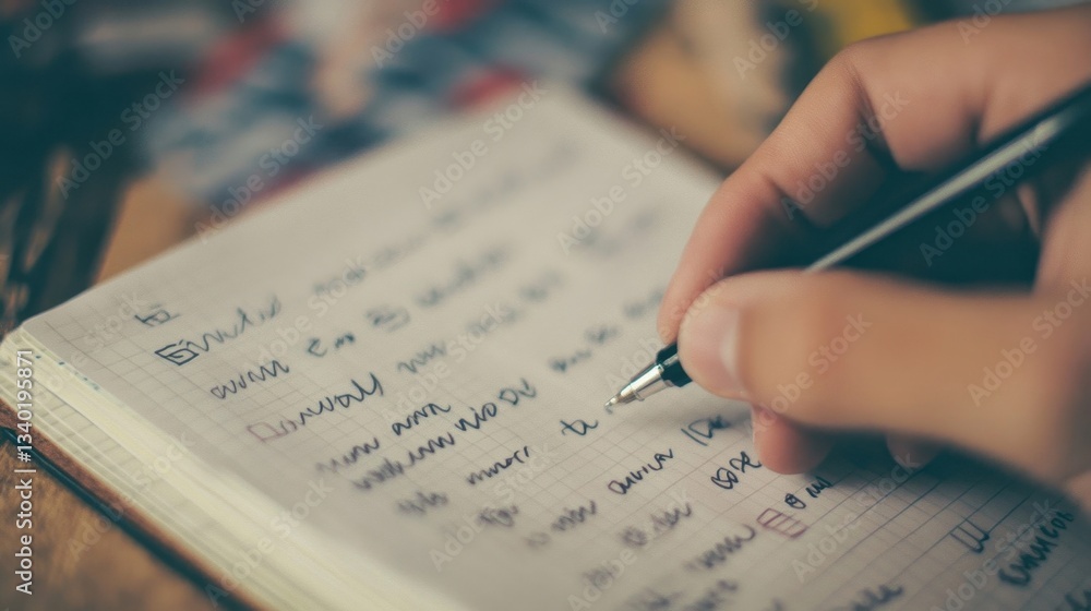 Poster a close up view of a hand writing in a notebook