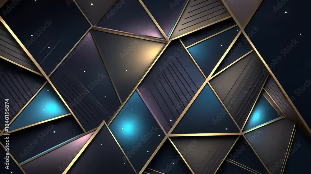 Poster abstract geometric design with vibrant colors and gold accents. complex shapes and lines create a dy