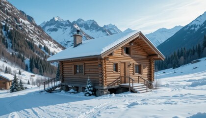 Cozy Log Cabin Surrounded by Snowy Mountains in Winter Landscape