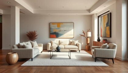 Beige boucle sofa & armchair in minimalist Japandi living room with abstract art, design, mood