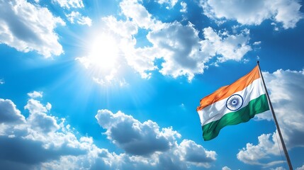 Indian tricolor flag waves proudly against a vibrant blue sky