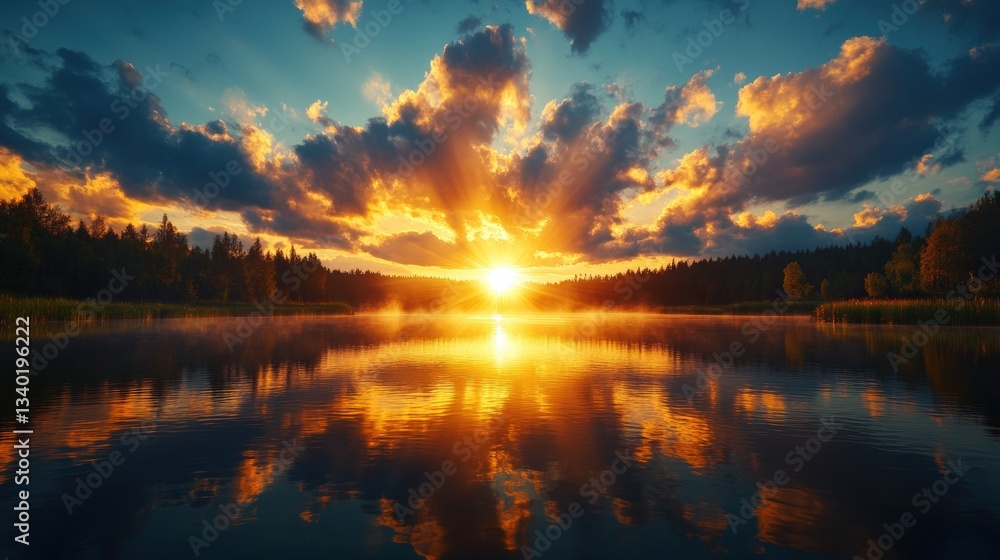 Poster an enchanting sunset over a lake painted with warm colors and soft reflections creating a serene eve