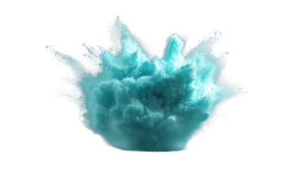 Turquoise powder exploding creating a big cloud on transparent background