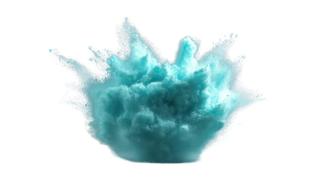 Turquoise powder exploding creating a big cloud on transparent background
