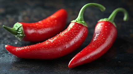 Three red chili peppers with water droplets on dark background.