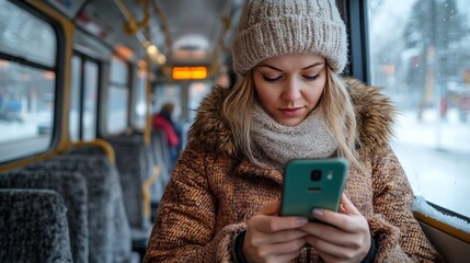 Fototapeta premium Woman using phone on a snowy day bus ride.