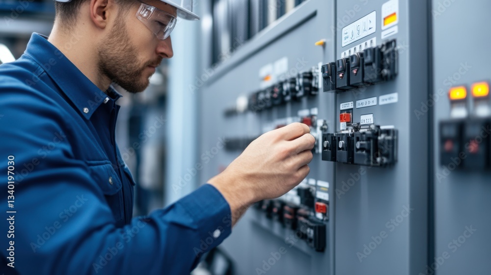 Aufkleber electrician working on control panel with switches and circuit breakers in industrial setting