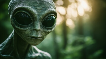 Alien creature in lush forest with sunlight, enigmatic atmosphere. Sci-fi concept
