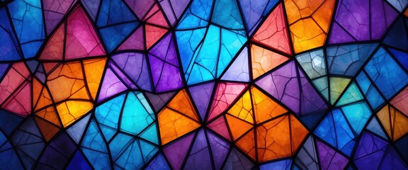 An abstract image showcases a vibrant multicolored stained glass window design with intricate geometric patterns and a textured appearance creating a visually stunning artistic