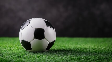 Fototapeta premium Classic soccer ball on vibrant green grass surface with dark background for sports and athletic themes