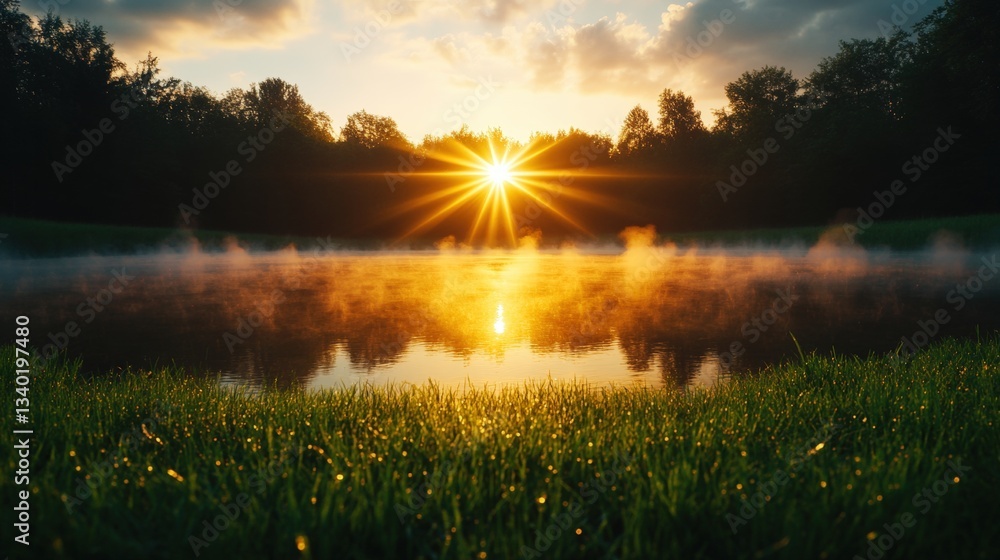 Poster peaceful lake with a sun setting in the background creating a serene evening atmosphere with vibrant