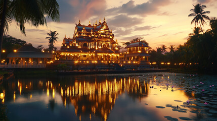 Obraz premium Traditional Temple at Sunset with Blooming Lotus Flowers on Water for Tamil New Year Puthandu Celebrations