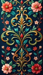 Intricate floral damask design with curved foliage and stylized blooms , elegant, intricate