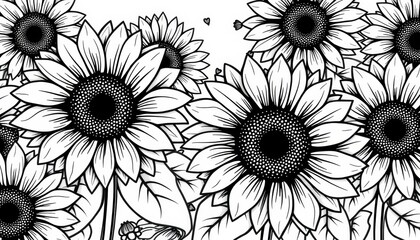 Black & white sunflower doodle seamless pattern Perfect for wallpaper, coloring books, wrapping paper, fabric, element, botanical