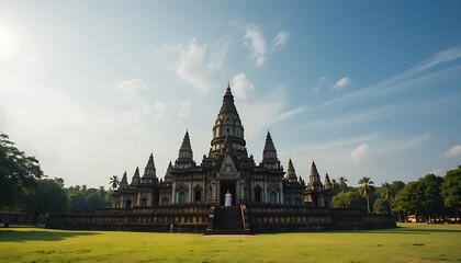 Visiting Ancient Temple Structure on Grassy Field Under Blue Sky