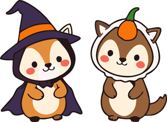 Cute Halloween Animals in Costume - Cartoon Style